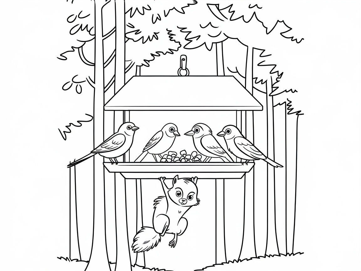 Playful Squirrel and Birds at the Feeder
