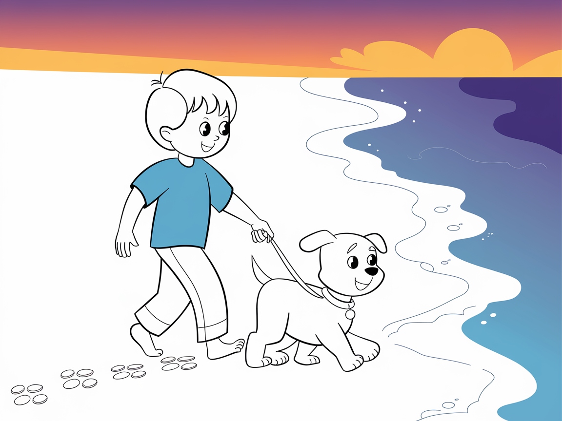 Stroll by the Shore with This Boy and Puppy Coloring Page