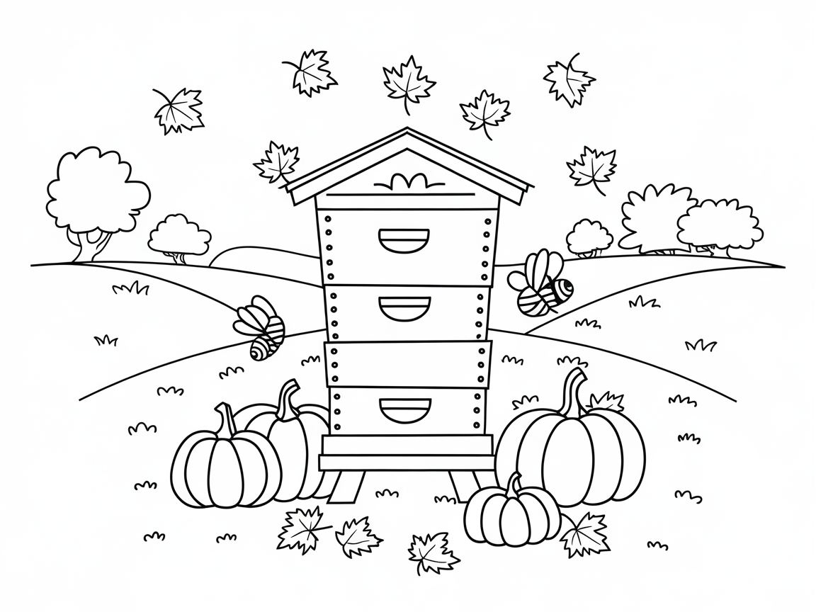 Autumn Harvest: Beehive and Pumpkins