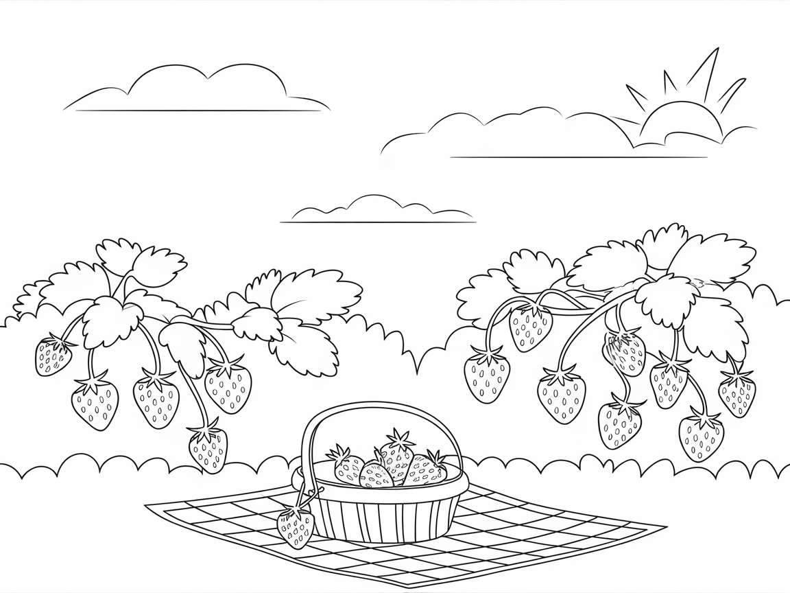 Strawberry Picnic Delight: A Sweet Coloring Page