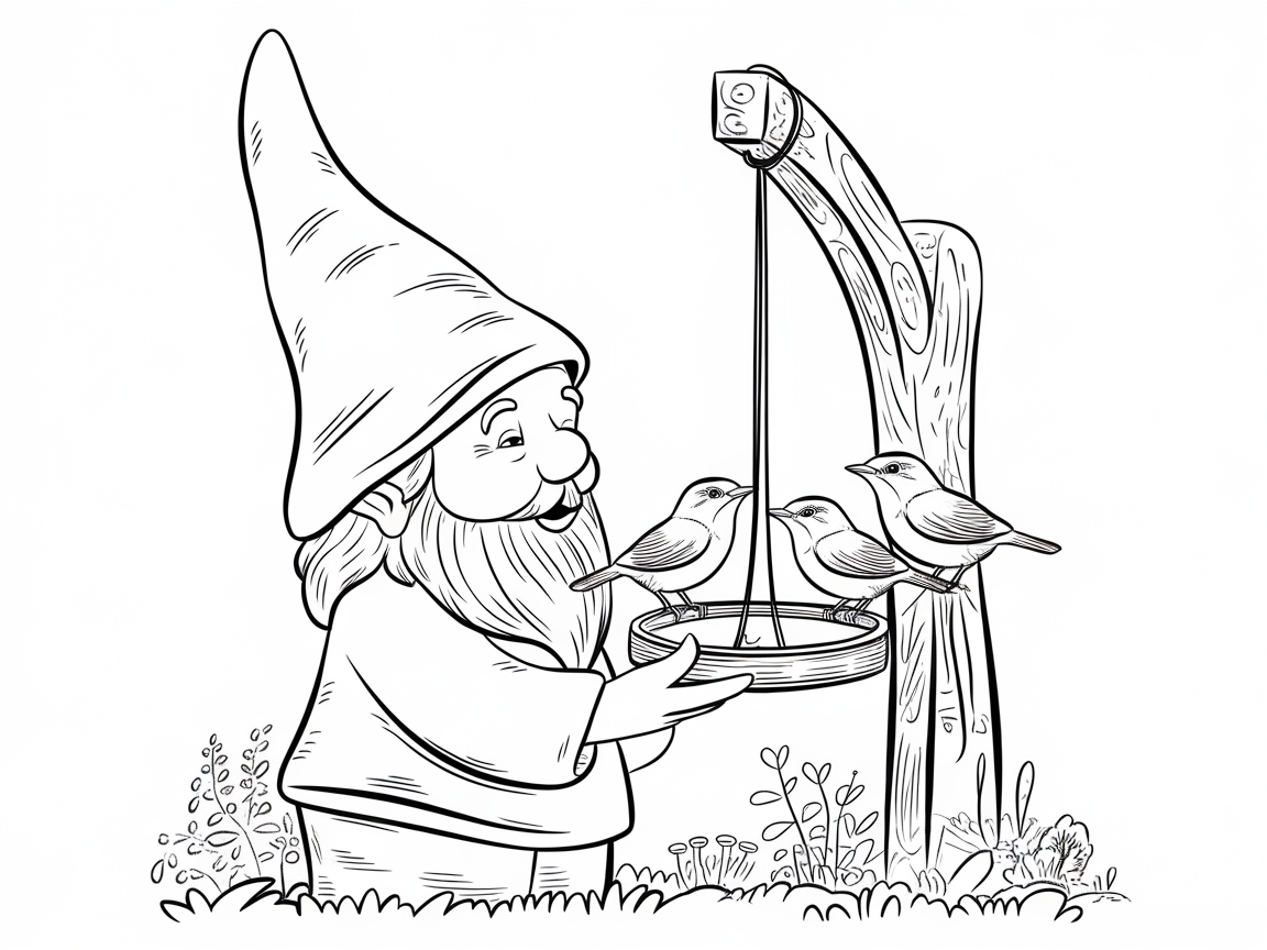 Whimsical Gnome with Garden Birds