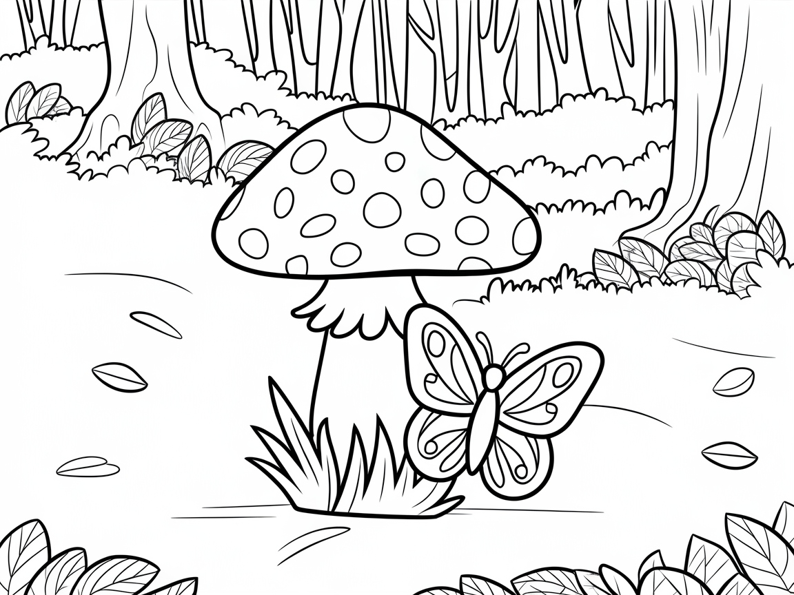Whimsical Butterfly Beside a Toadstool in the Forest