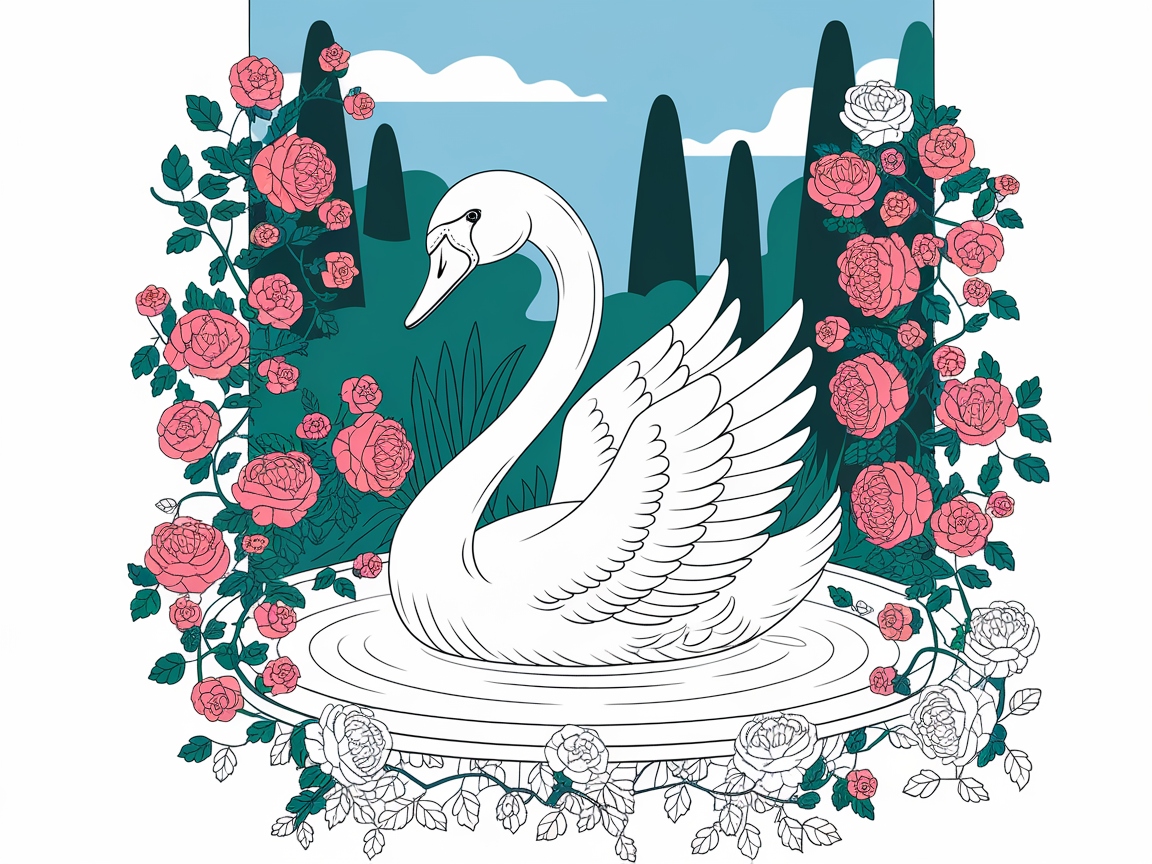 Majestic Swan Among Roses