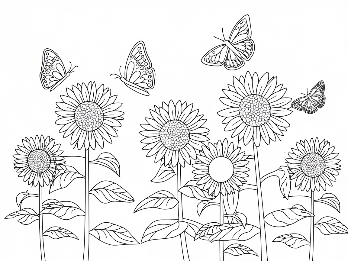 Sunlit Sunflowers and Fluttering Butterflies Await Your Colors