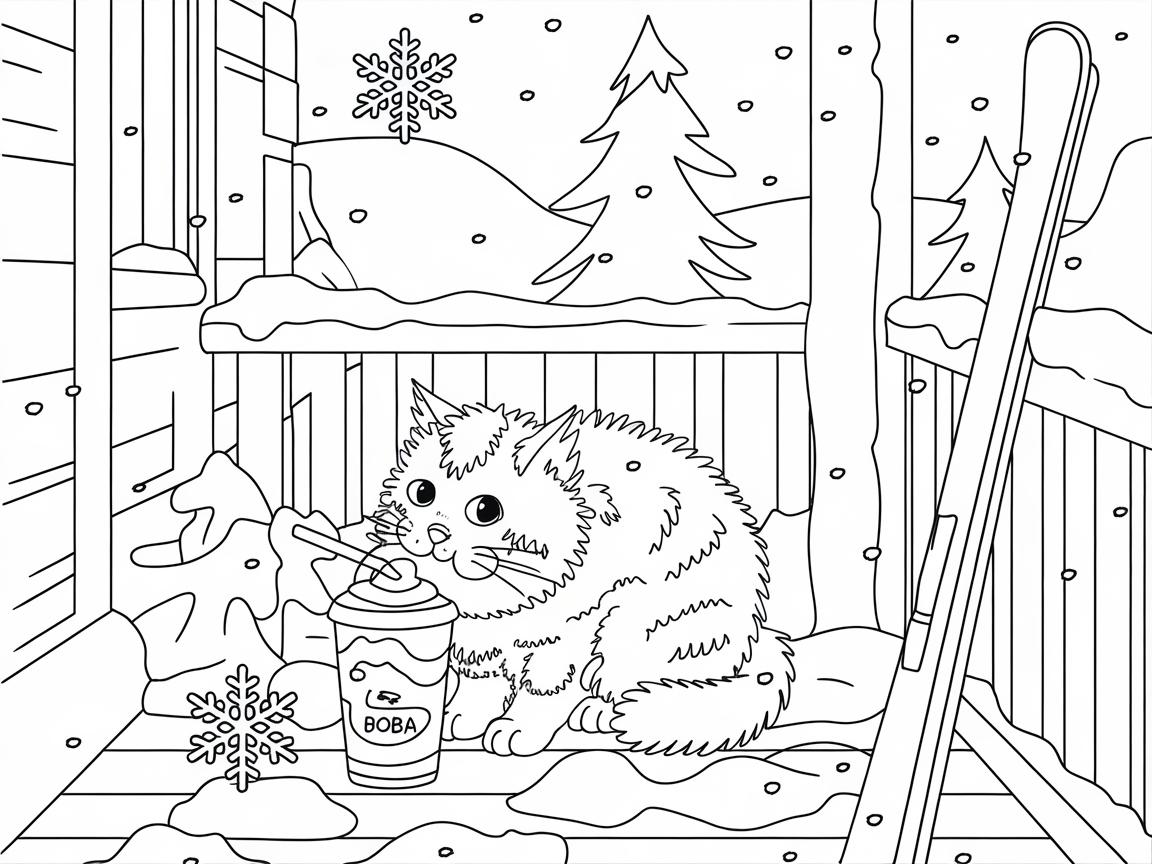 Winter-Chill Cat Sipping Boba on the Deck