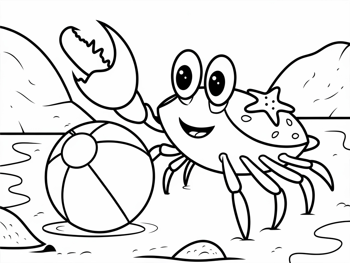 Cute Crab and Beach Ball Coloring Fun