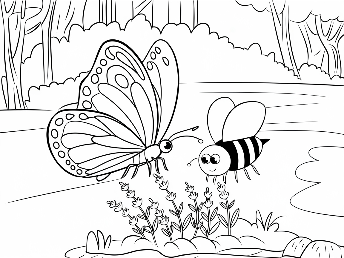 Butterfly and Busy Bee in a Flower-Filled Meadow