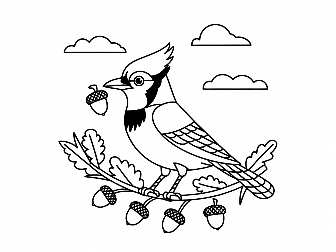 Color This Majestic Blue Jay on an Acorn-Laden Branch