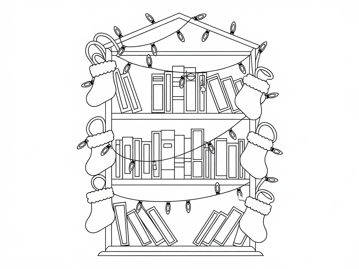 Festive Bookshelf Adorned with Stockings and Lights