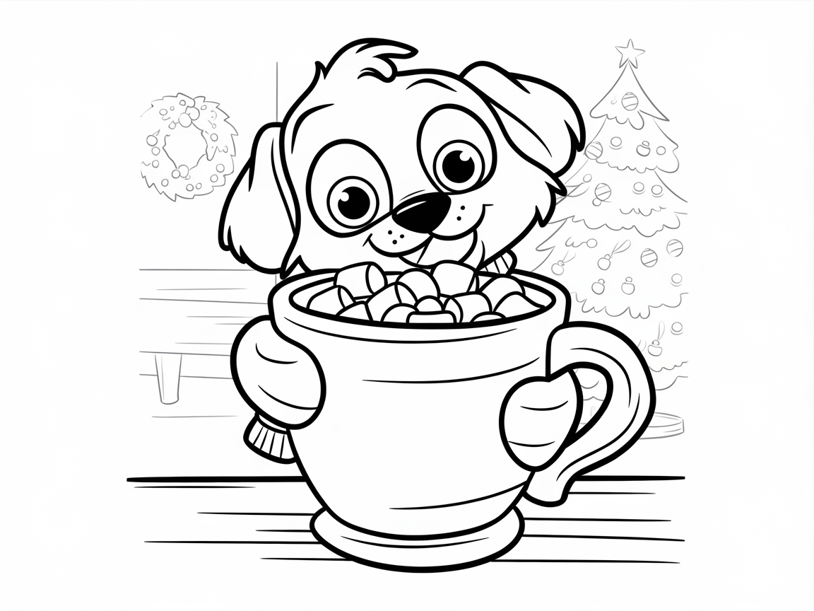 Puppy Enjoying a Cup of Hot Cocoa by the Christmas Tree