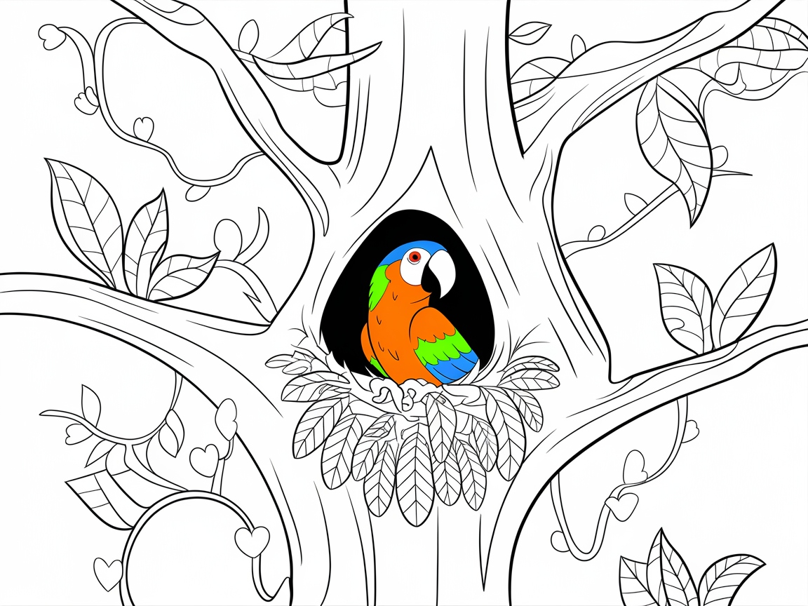 Vibrant Parrot in a Tropical Tree Hollow