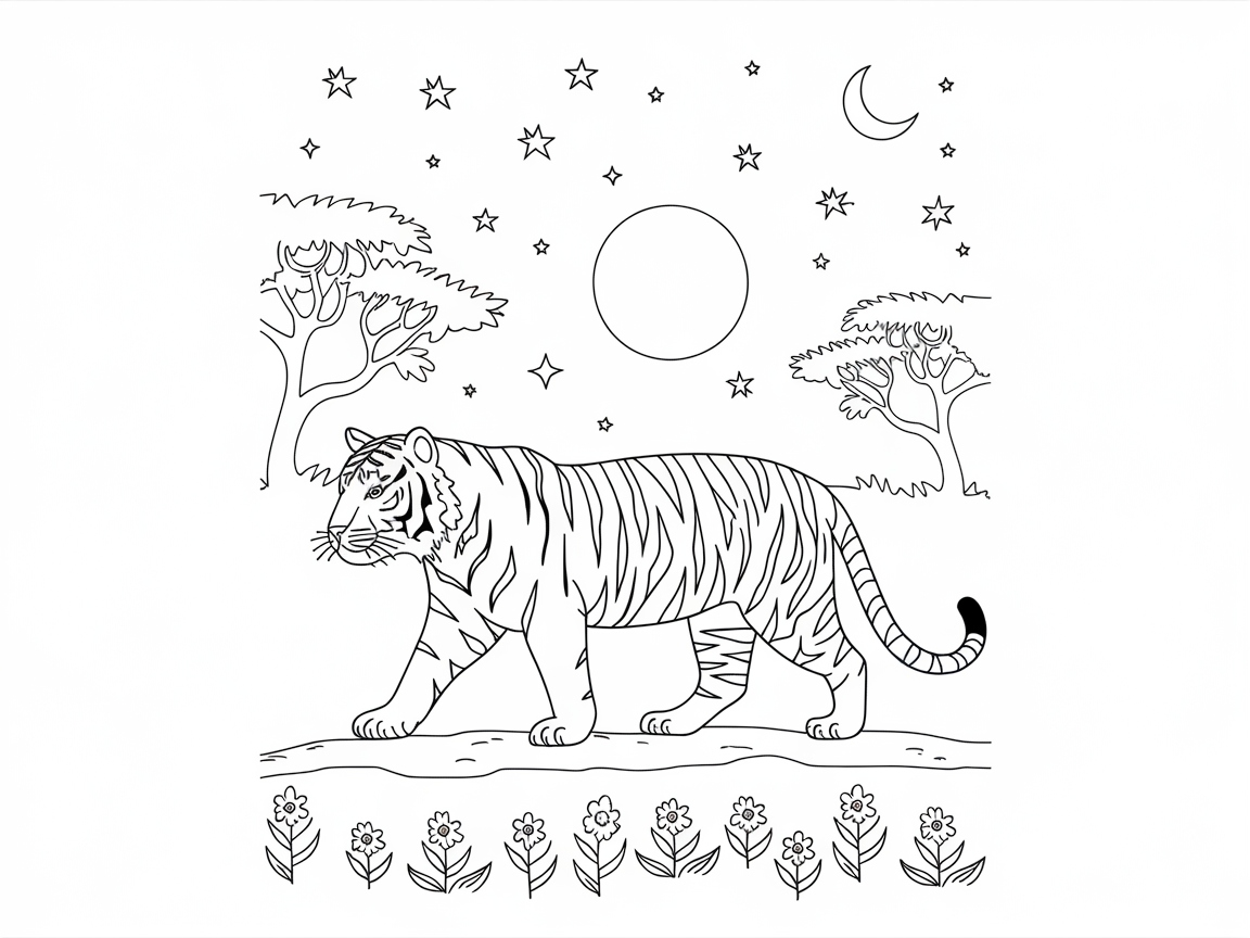 Nighttime Tiger Stroll Under a Starry Sky