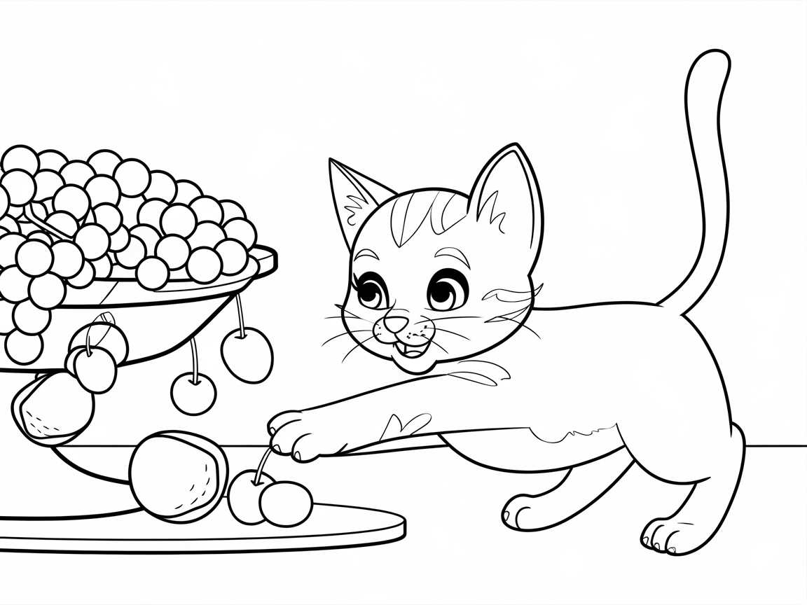 Playful Kitten with a Bowl of Cherries