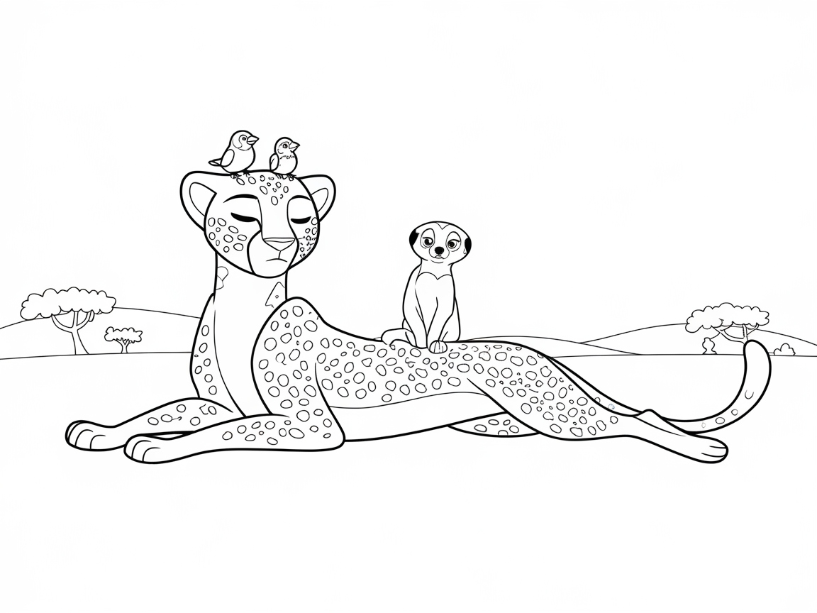 Relaxed Cheetah Scene with Savanna Friends