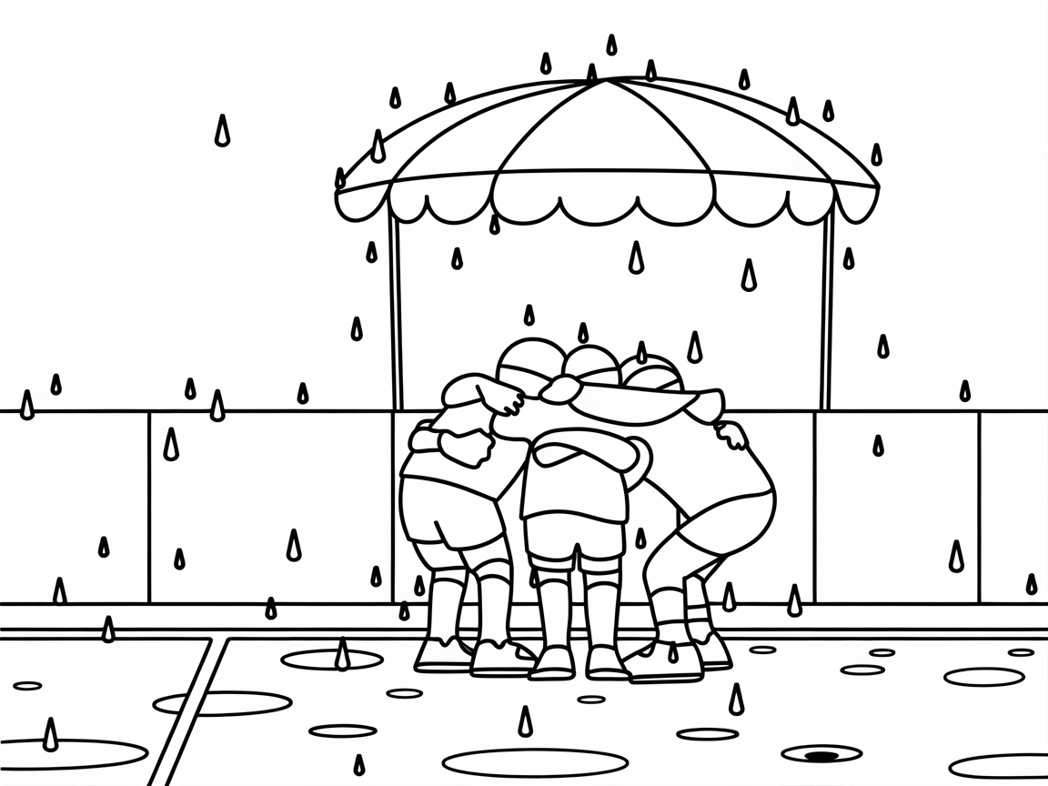 Brave the Rain in This Cozy Team Huddle Coloring Page