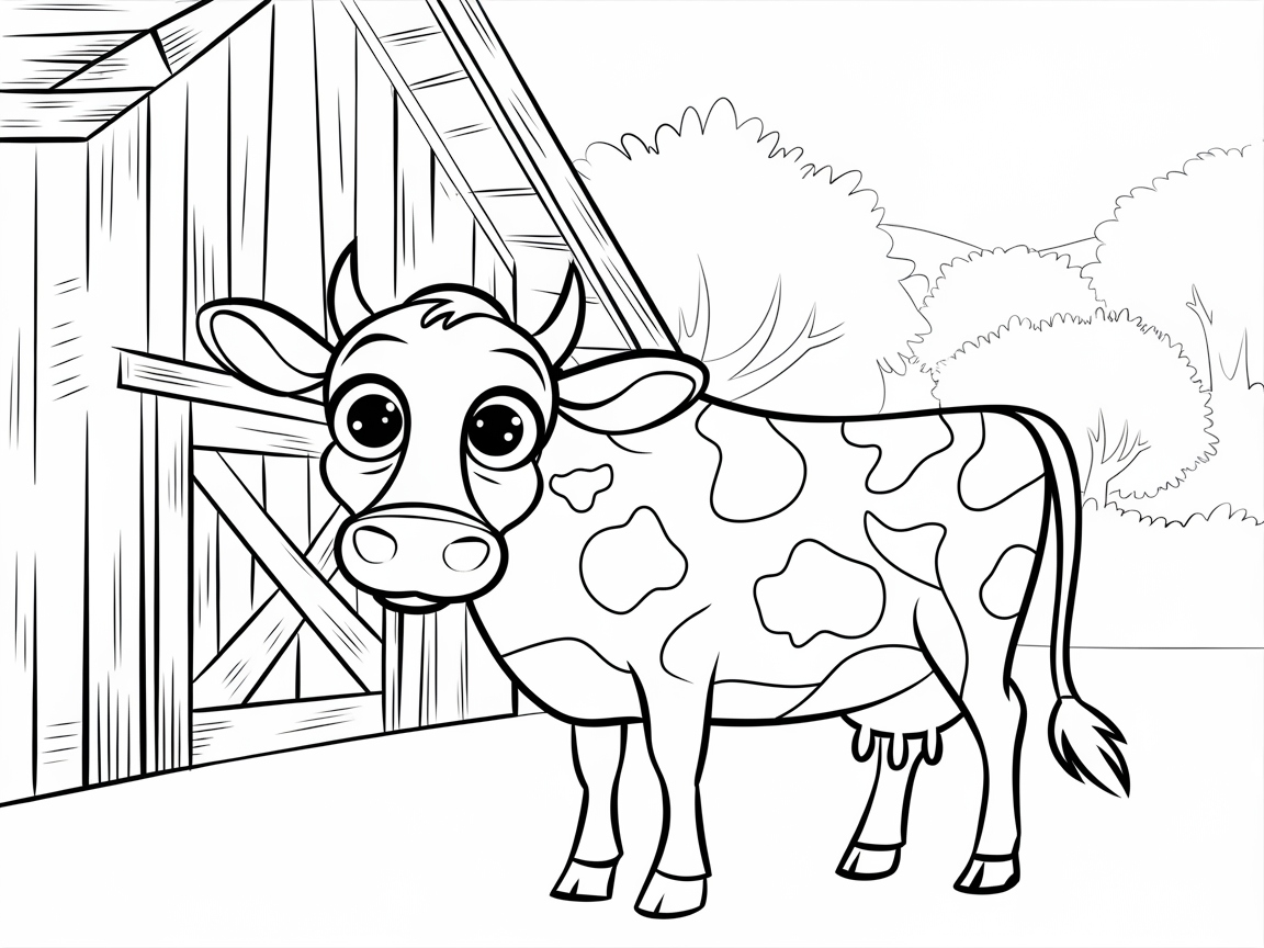 Charming Big-Eyed Cow in a Farmyard Scene