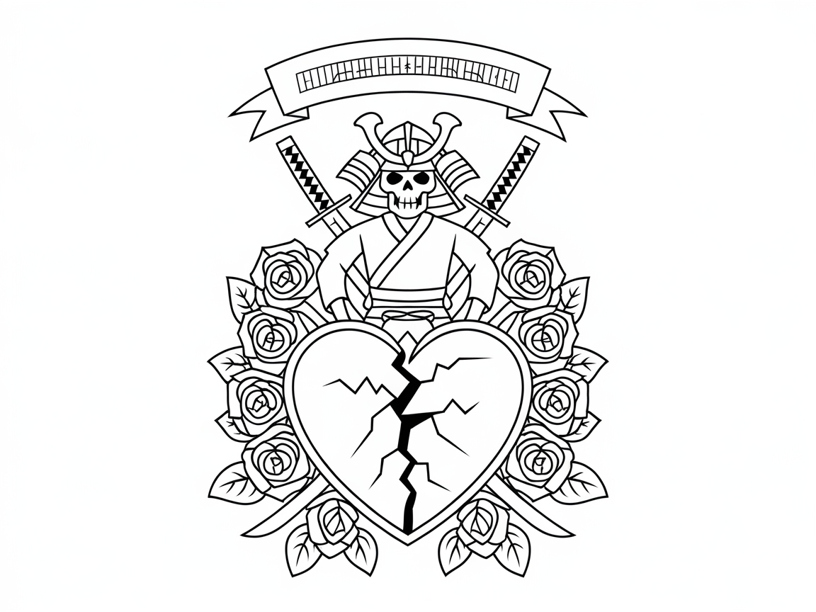 Samurai Skull with Broken Heart and Roses for Artistic Coloring