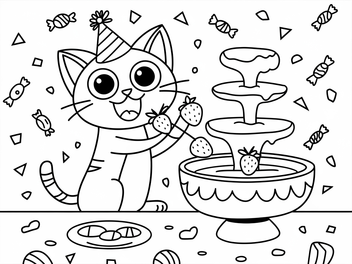 Party Cat Dipping Strawberries in a Chocolate Fountain