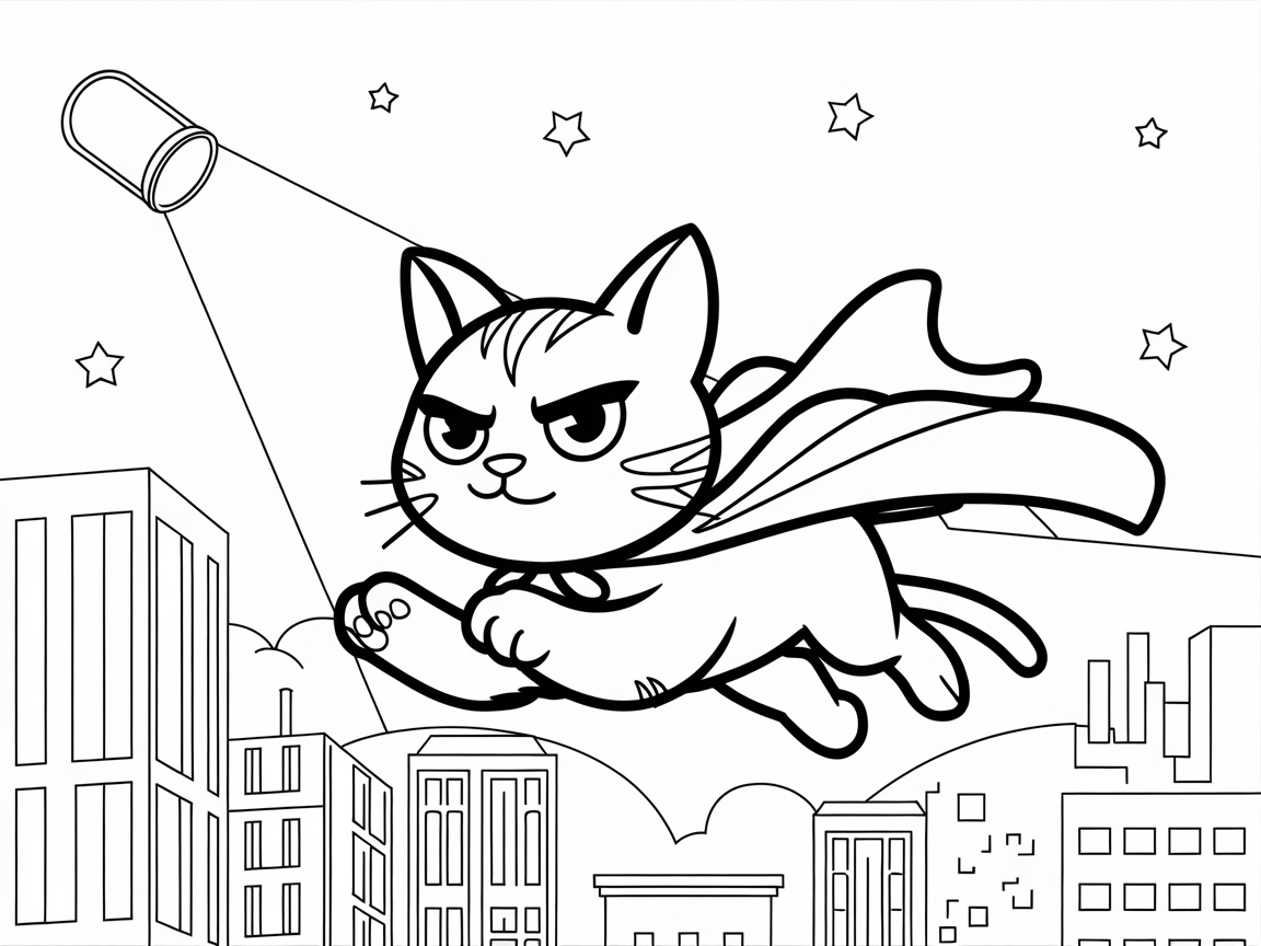 Superhero Cat Soaring Over the City