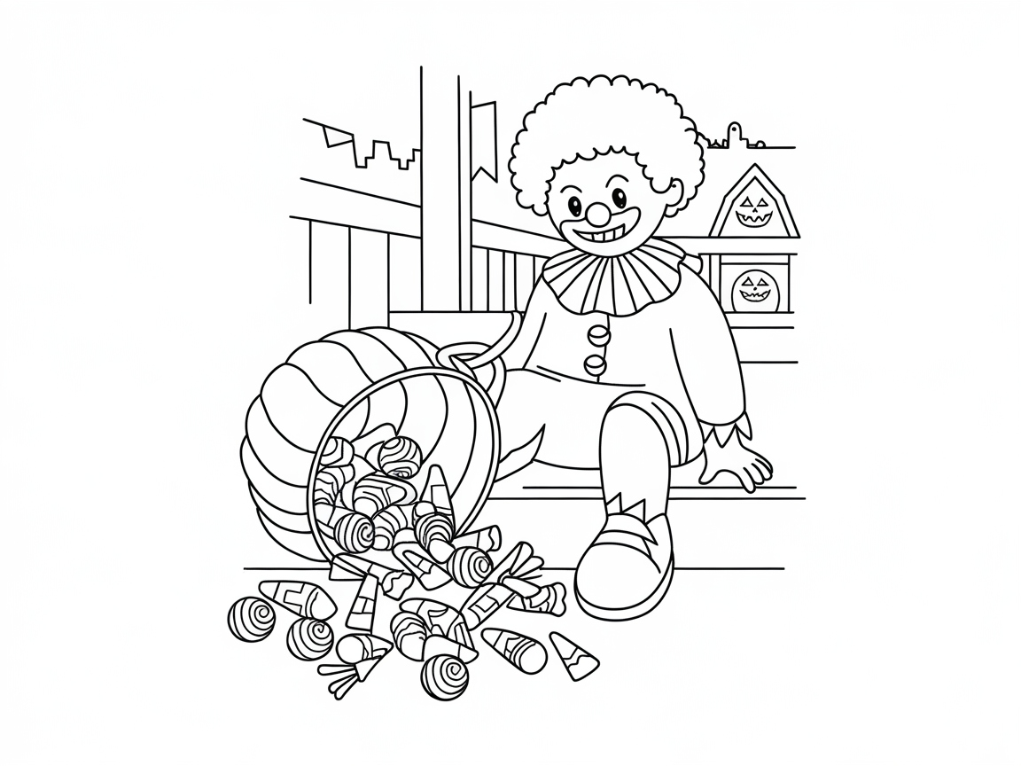 Playful Clown with Halloween Candy Galore