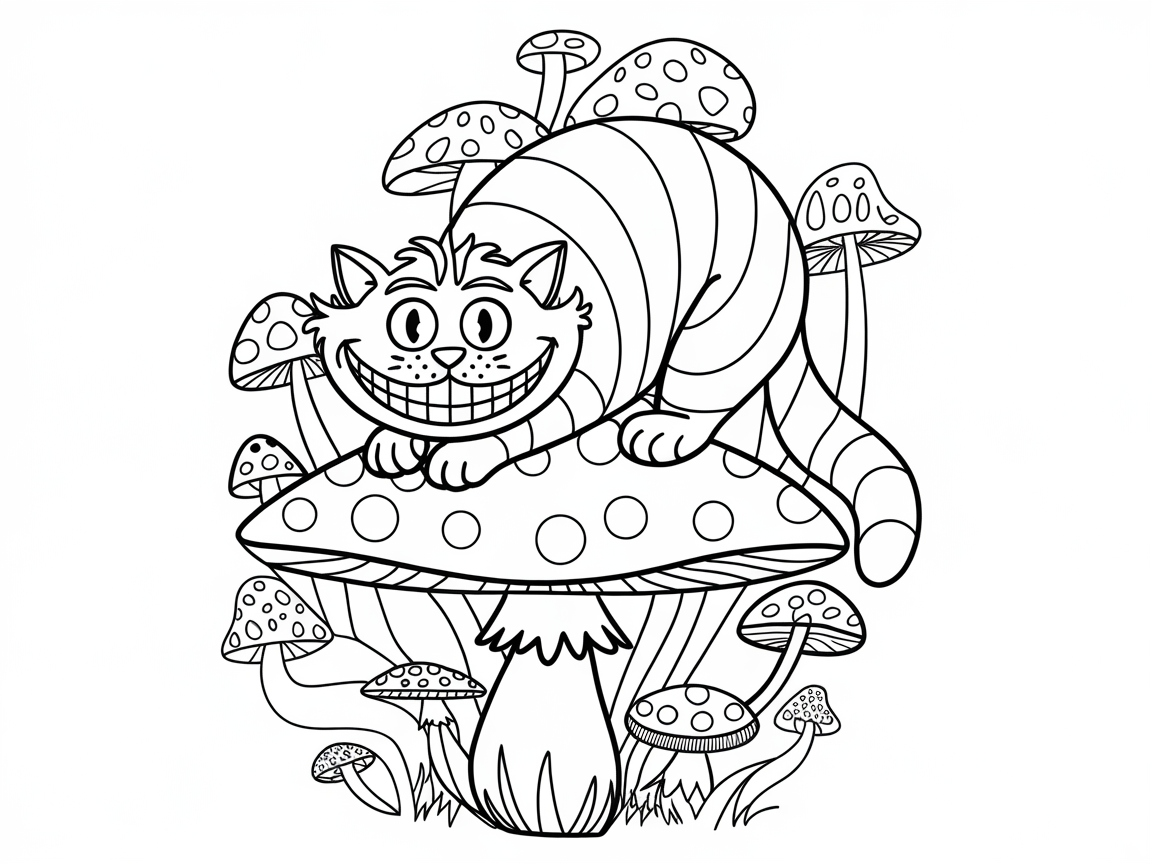 Whimsical Cheshire Cat on a Mushroom