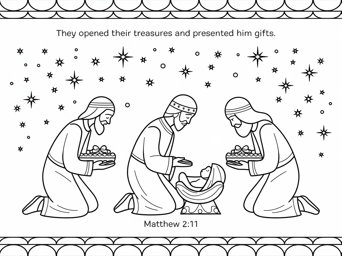 Three Wise Men Bearing Gifts Coloring Page