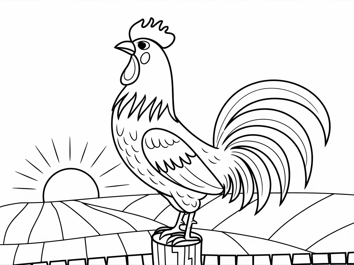 Rooster Crowing at Sunrise Coloring Page