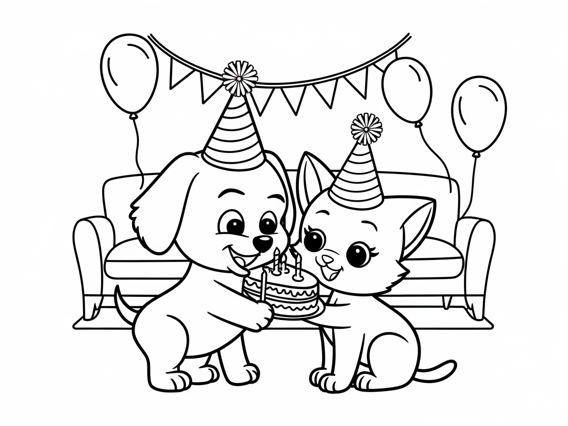 Puppy and Kitten Party: Color This Adorable Birthday Duo