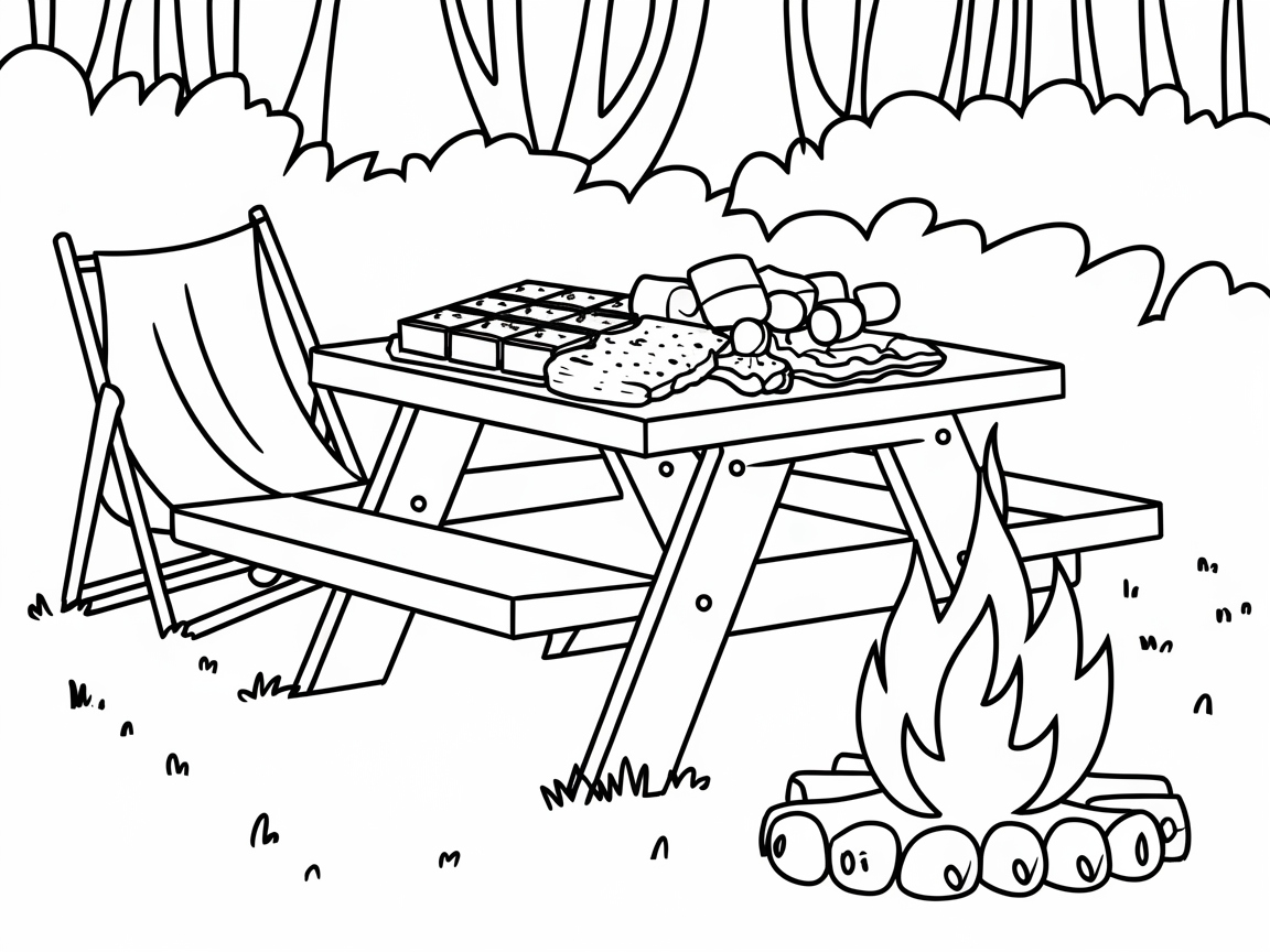 Picnic Table Feast by the Campfire