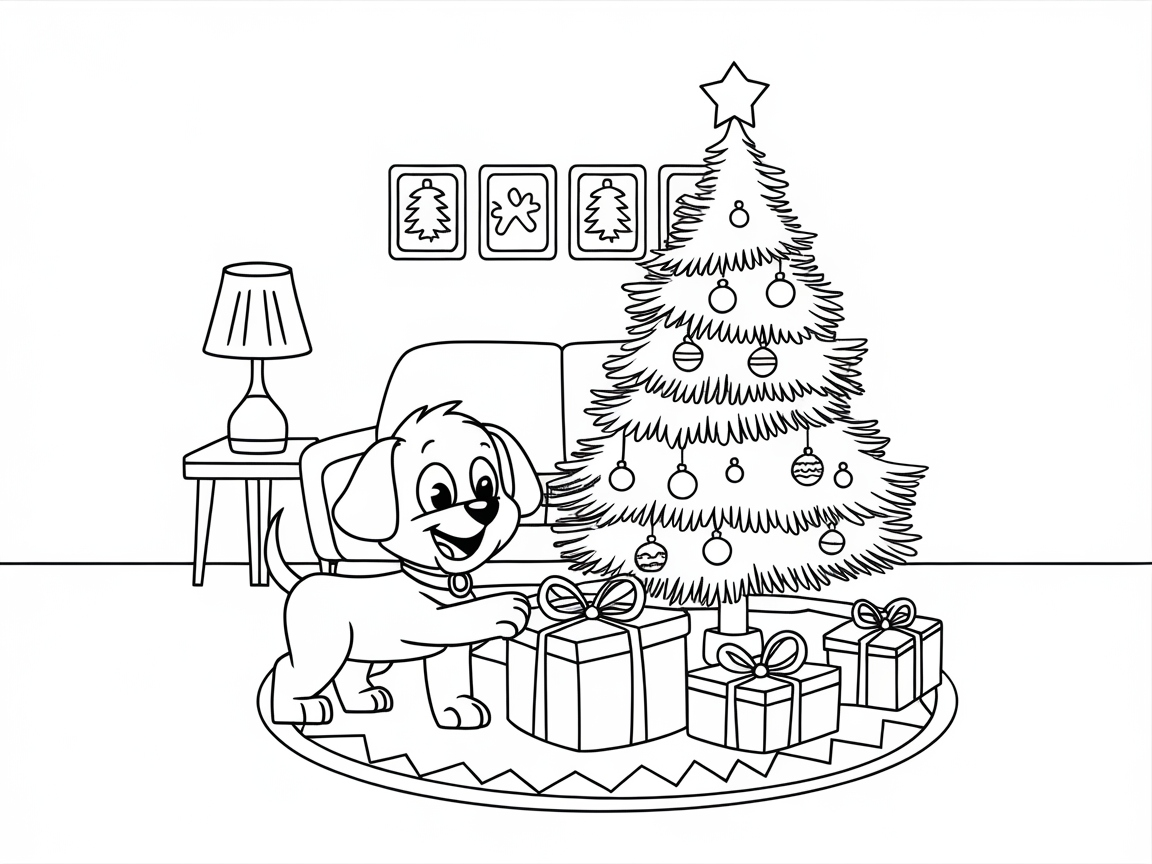 Festive Puppy and Christmas Tree Scene