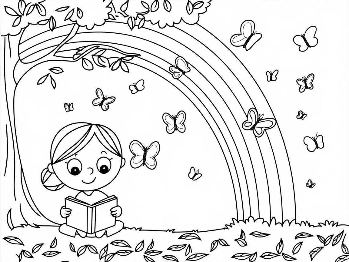 Joyful Reading Under a Rainbow with Butterflies