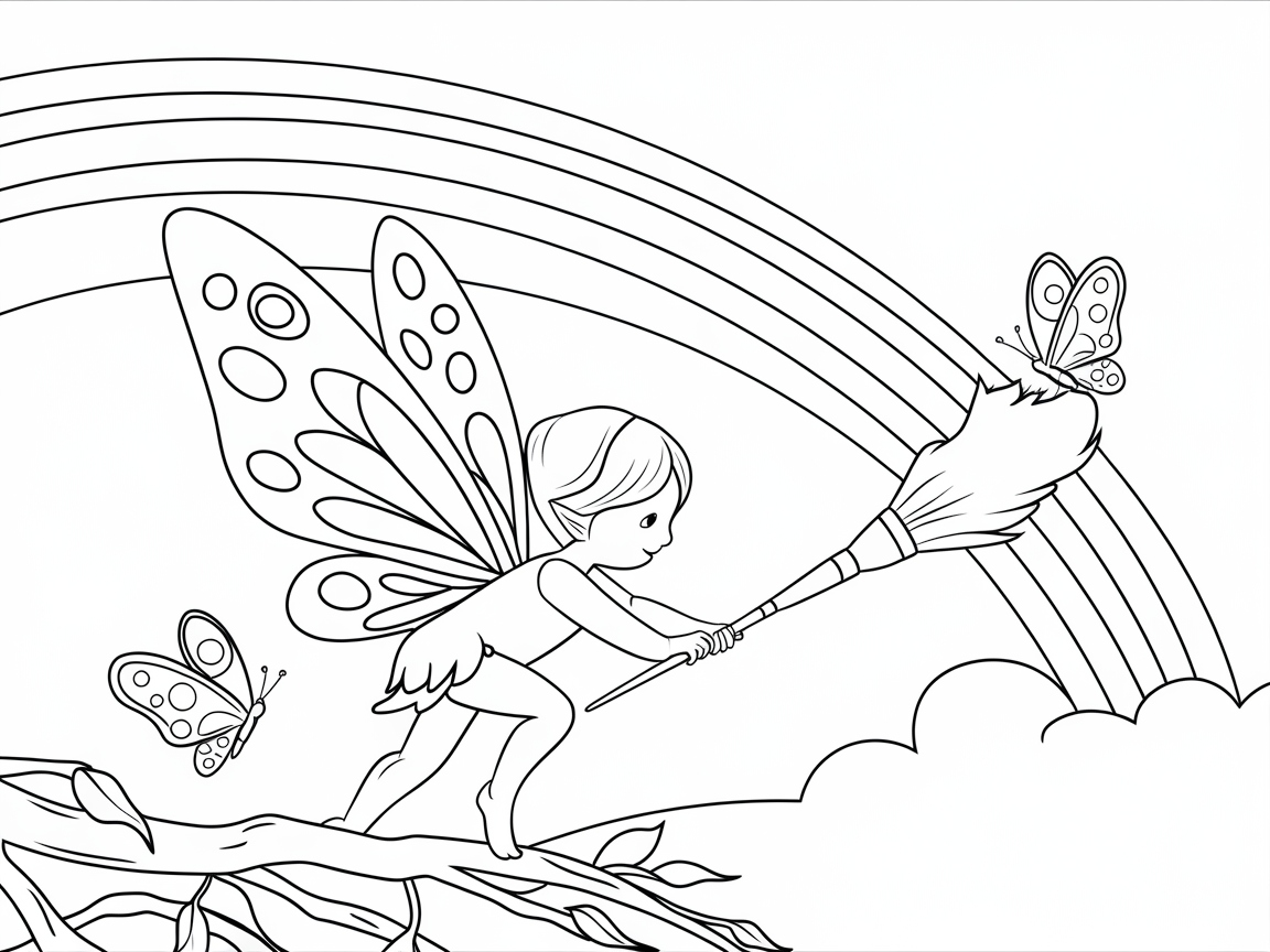 Fairy Painter with Butterfly Companions Under a Rainbow