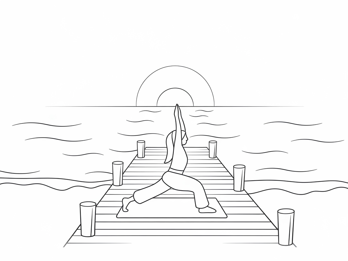 Sunset Serenity with Yoga on the Pier Coloring Page