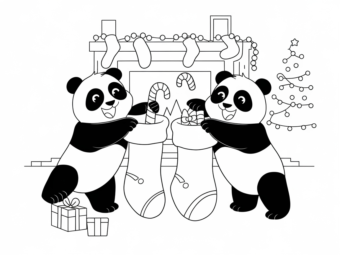Festive Pandas Filling Stockings by the Fireplace