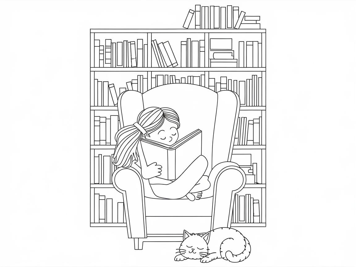 Cozy Reading Nook with a Furry Friend Coloring Page