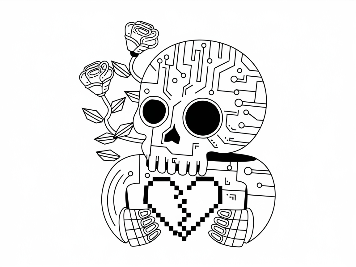 Cyber Skull with Circuitry and Roses for Tech-Lovers Coloring