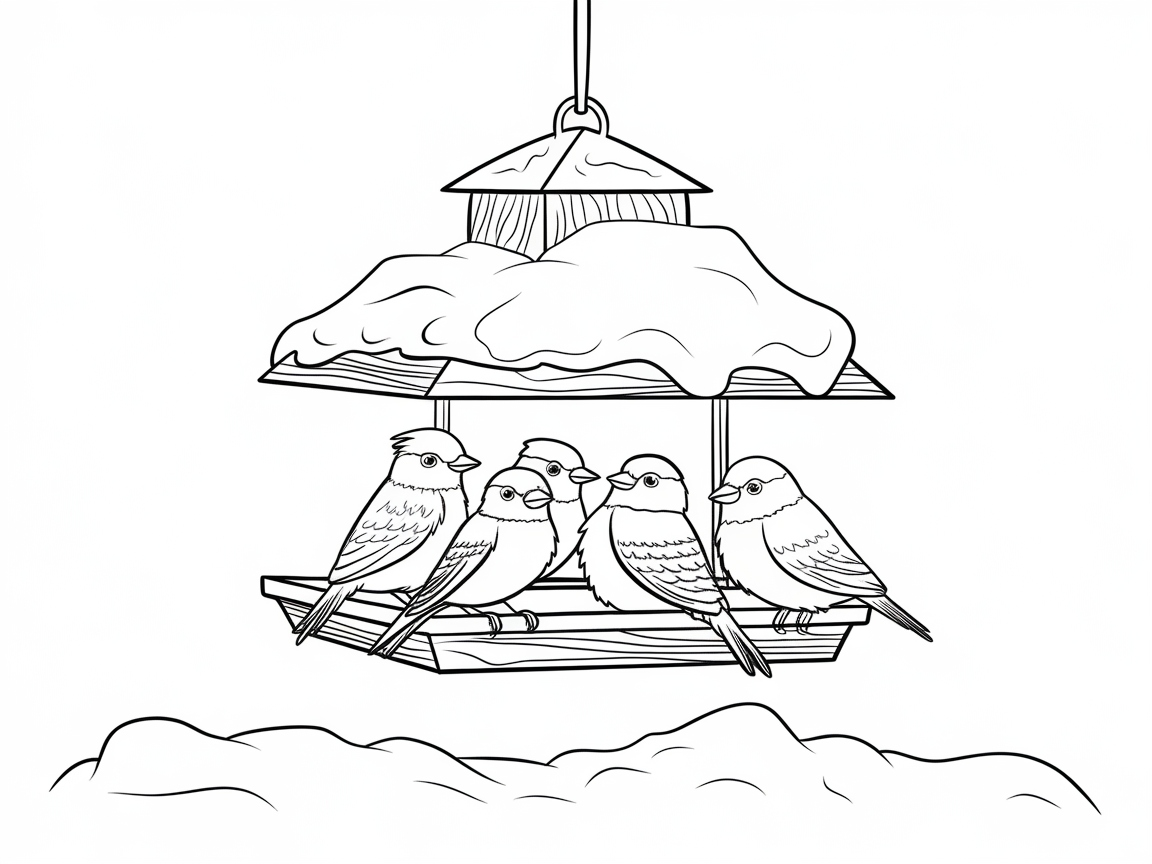 Snow-Covered Feeder with Winter Birds