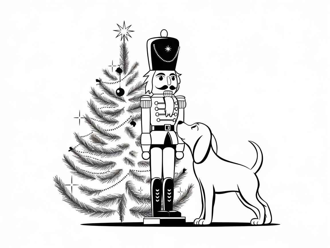 Curious Puppy with a Nutcracker by the Christmas Tree