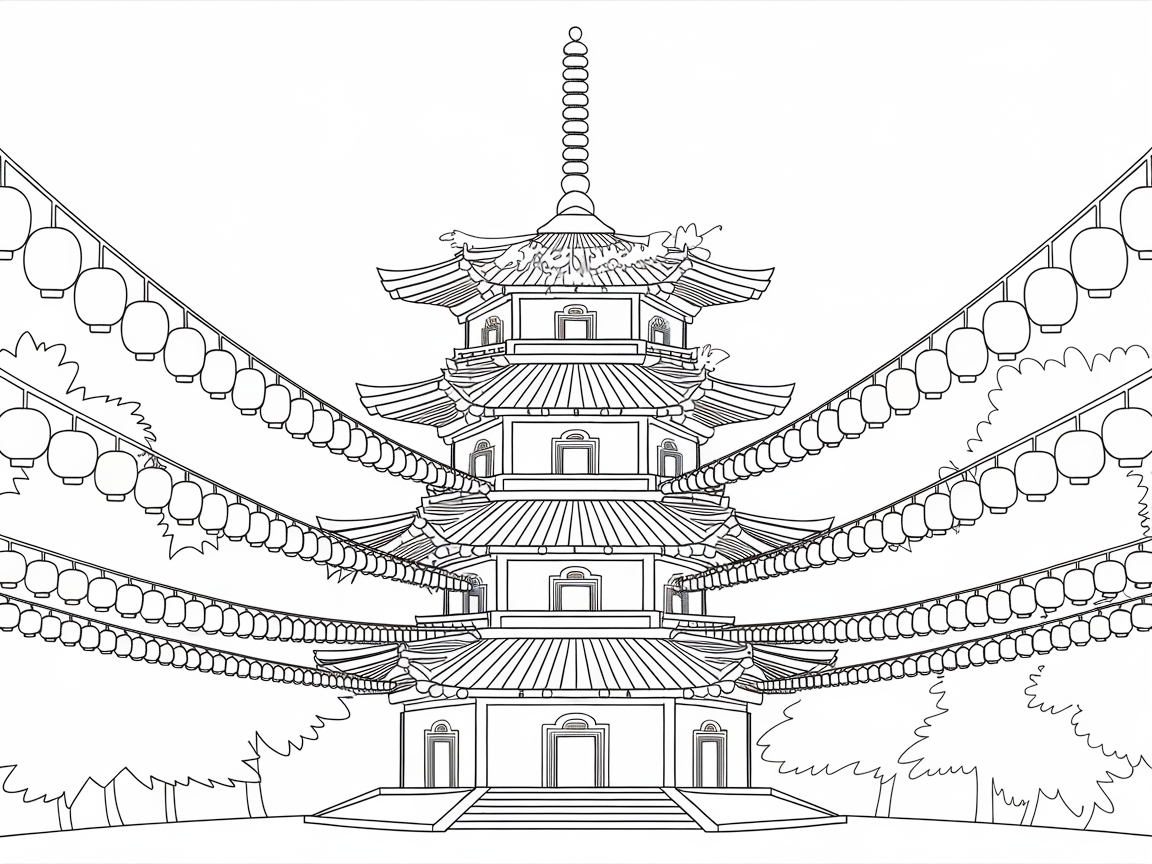 Intricate Pagoda and Lanterns to Color