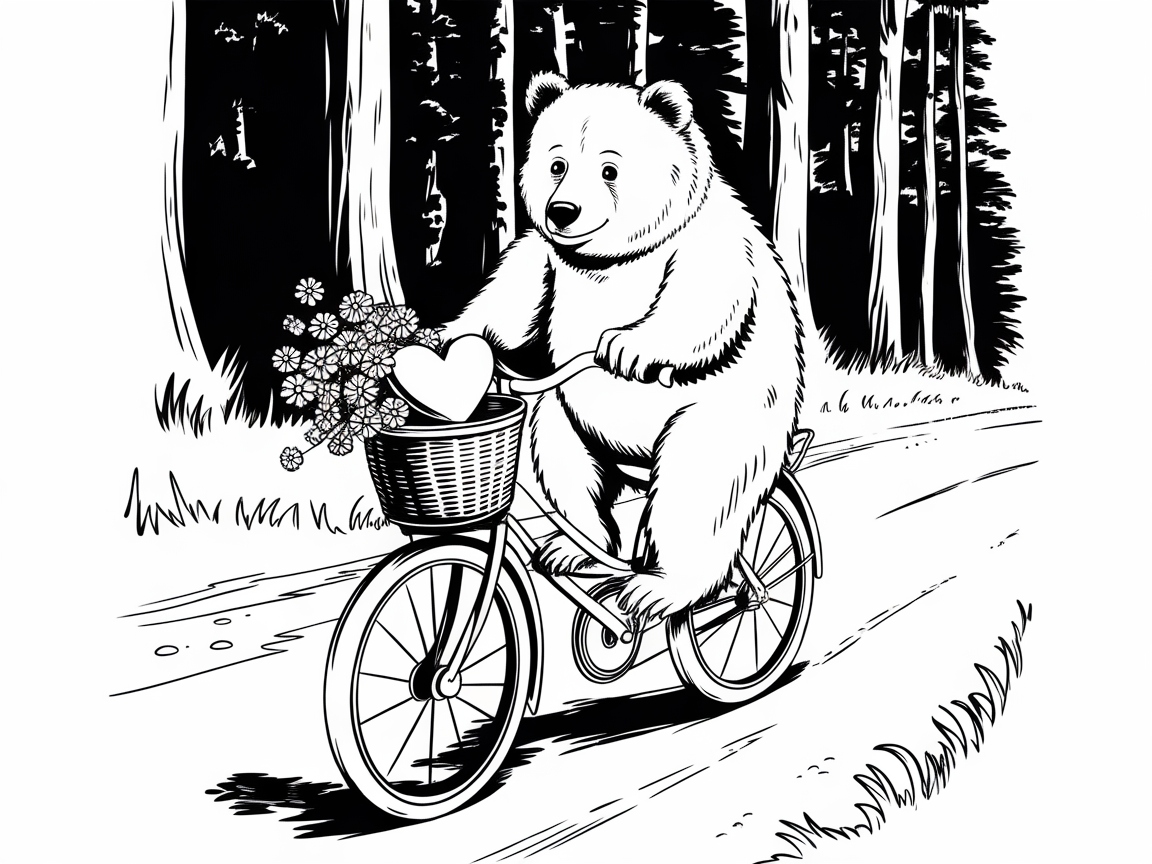 Bear on a Springtime Bike Ride with Heart Basket