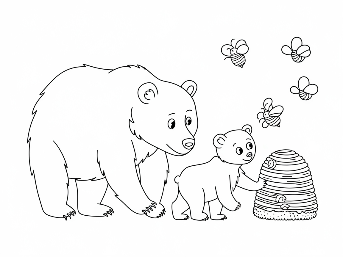 Bear Cubs Discovering a Hive: A Sweet Coloring Page