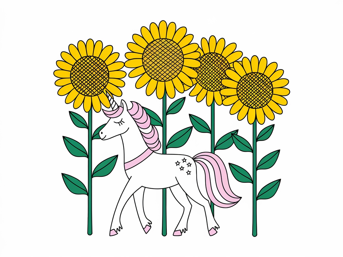 Cheerful Unicorn Strolling Among Sunflowers