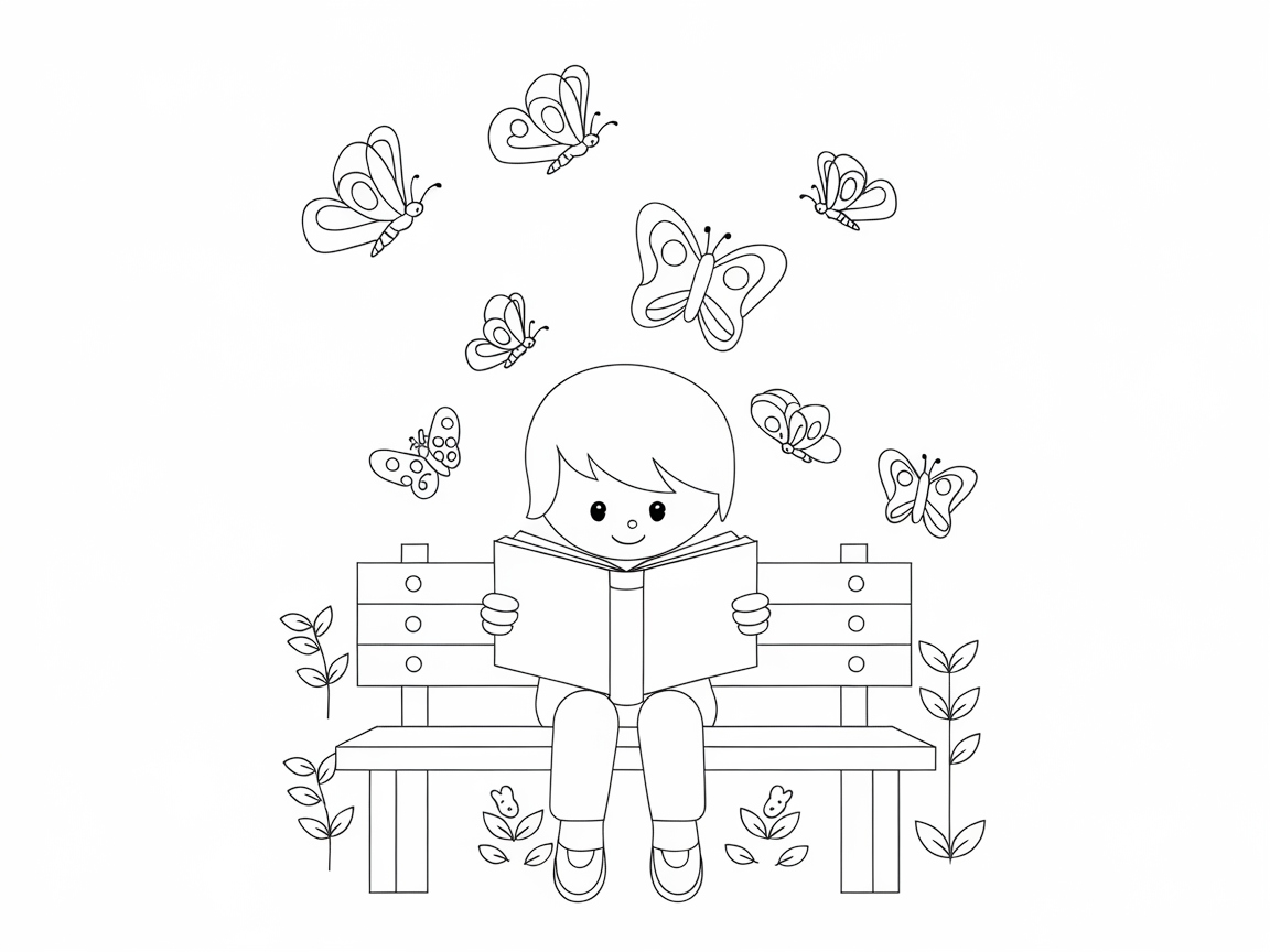 Garden Bench Reading with Fluttering Companions