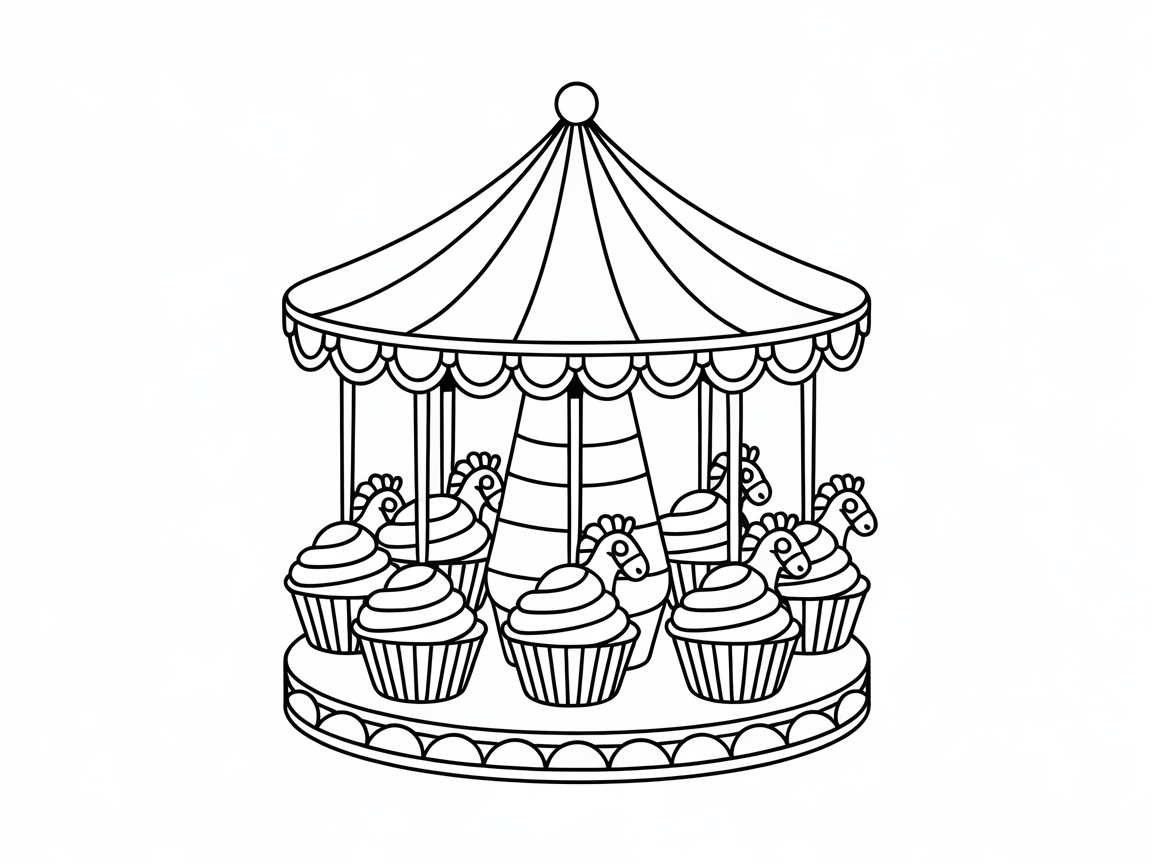 Whimsical Carousel Cupcake Coloring Page