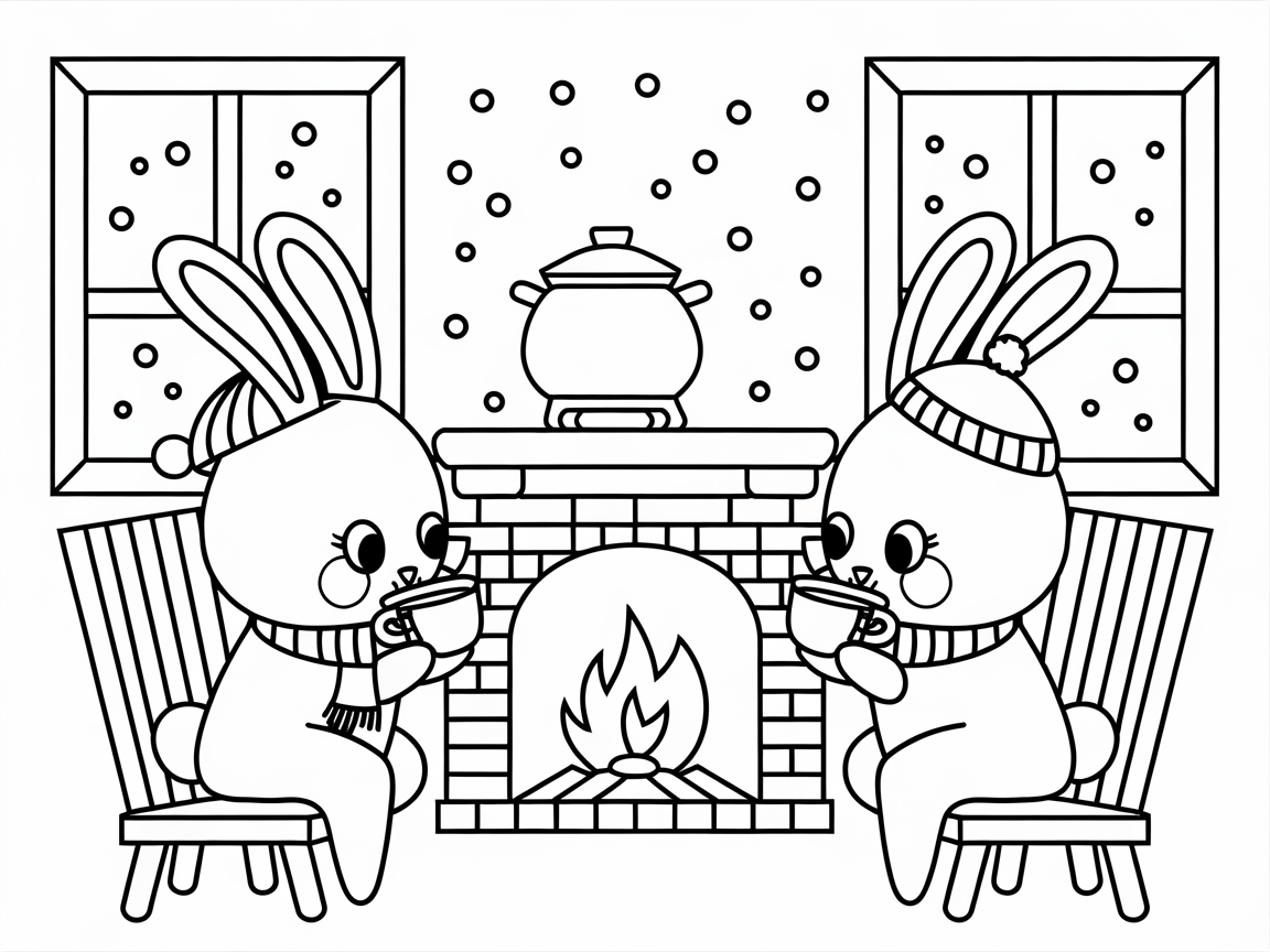 Cozy Fireplace Bunny Tea Time
