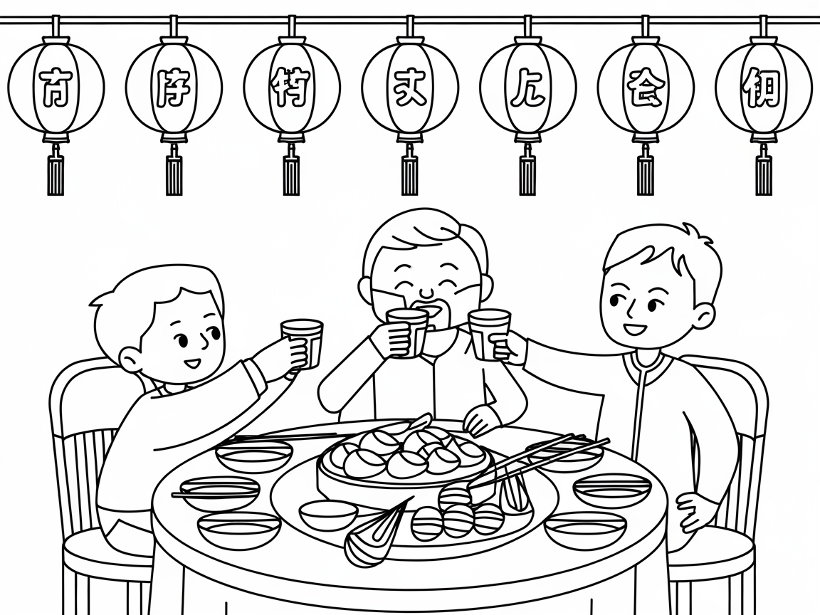 Festive Family Dinner Under Lanterns Coloring Page