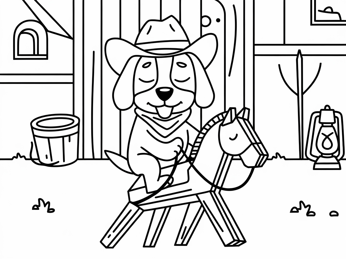 Cowboy Beagle Galloping on a Wooden Horse
