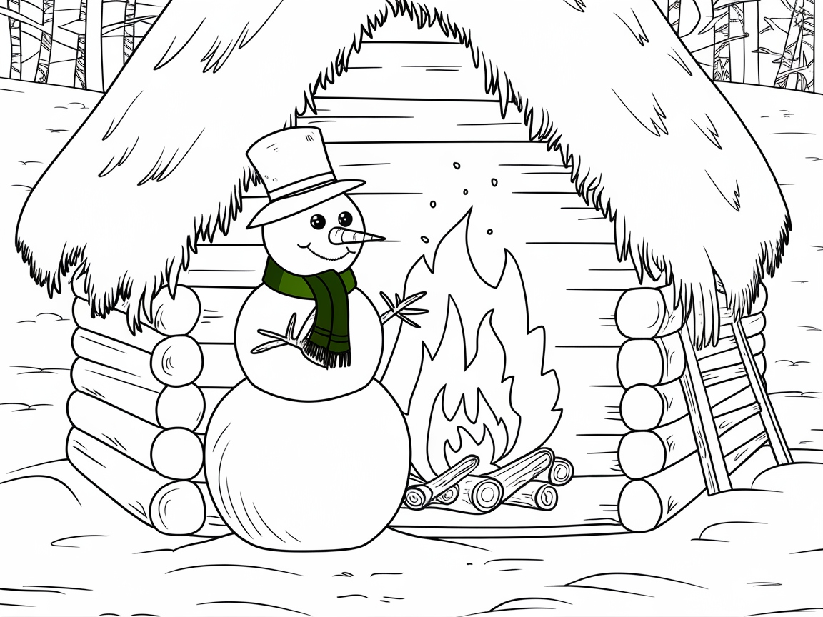 Color a Cozy Snowman by the Campfire