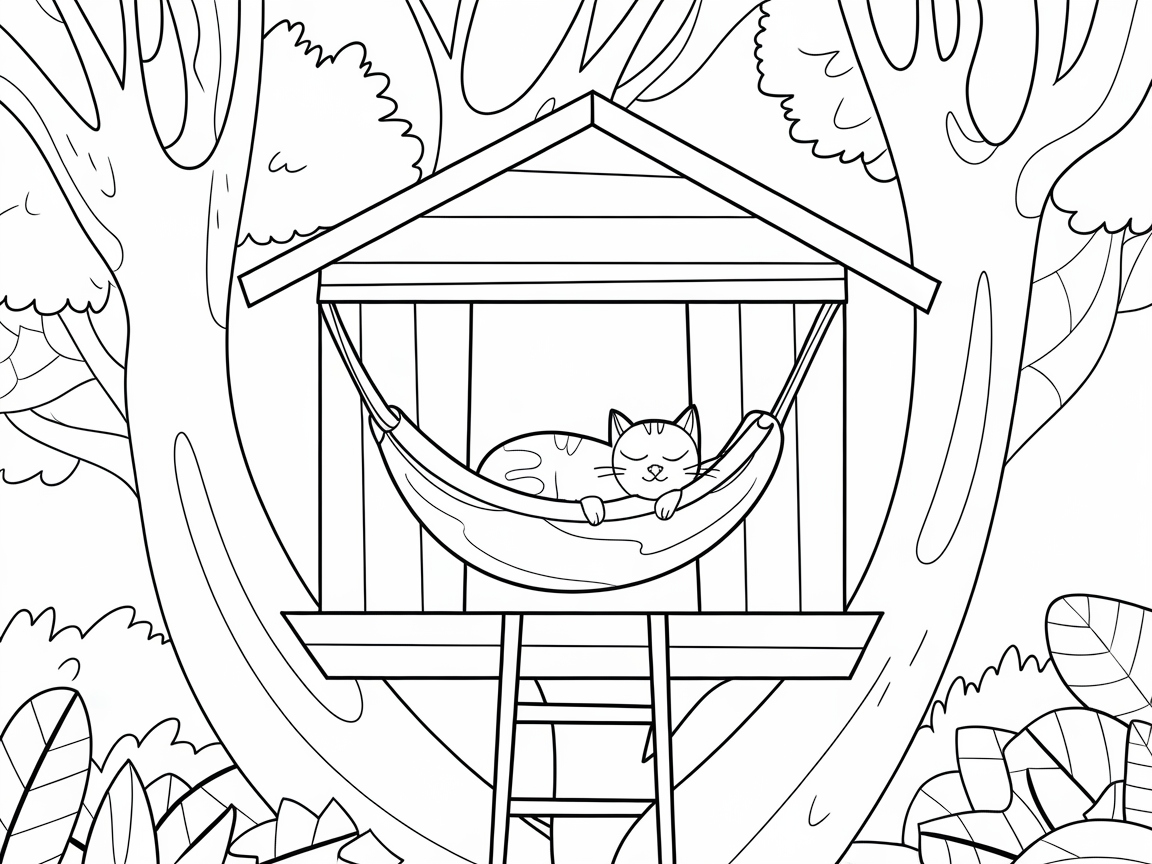 Cat Lounging in a Treehouse Haven