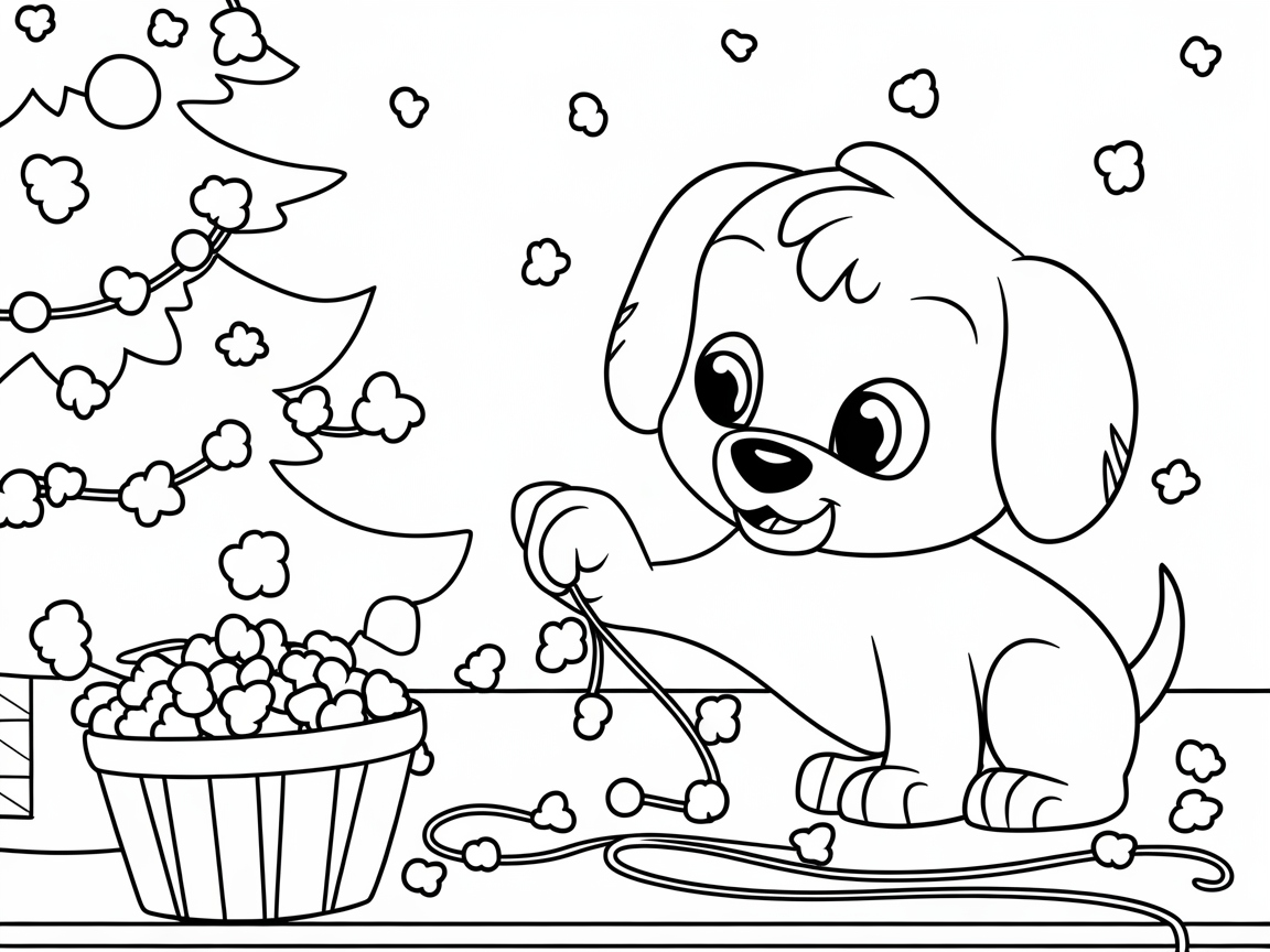 Puppy Stringing Popcorn Garland for the Christmas Tree